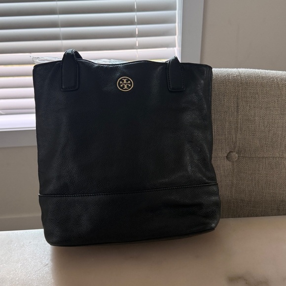 Tory Burch Michelle Leather Black Tote Bag Gold Logo - Picture 4 of 14